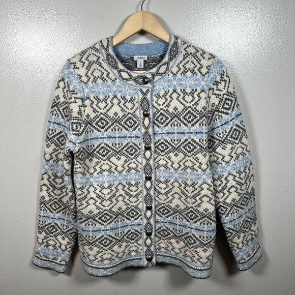 L.L. Bean Nordic Sweater Womens Size Medium Lambs Wool Fair Isle Icelandic Blue - Picture 1 of 10